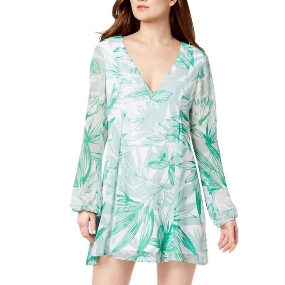 BCBGeneration | Green & White Palm Print V-Neck Shift Dress